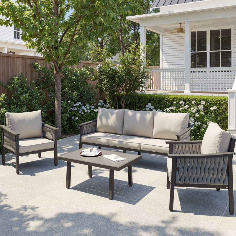 5-Person Luxury Outdoor Patio Set – Handwoven Rope, Aluminum Frame, Olefin Cushions, Beige