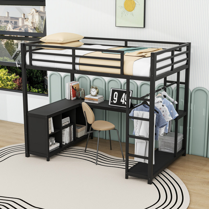 Lit mezzanine moderne en métal avec bureau intégré et tablettes, Lit simple, Noir
