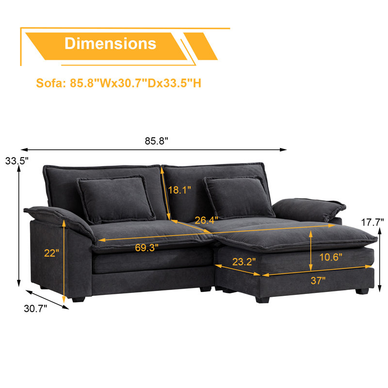 Dyemond 85.8" Modern Sectional Couch Sofas for Living Room, Loveseat Couches with Ottoman, Dark Gray Velvet