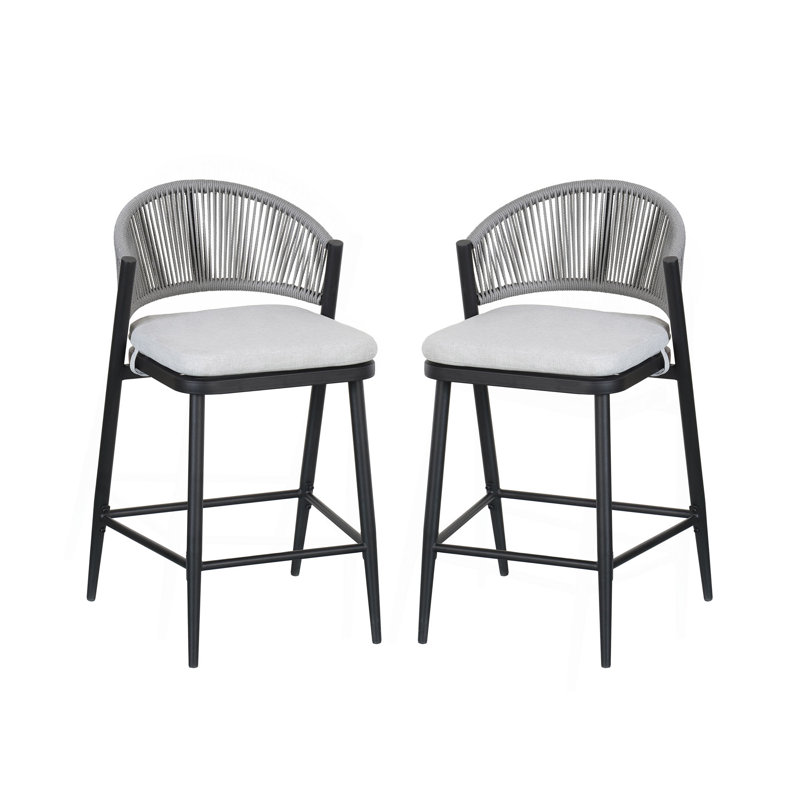 Outdoor 26" Seat Height Metal Frame Counter Stools With PE Rattan Scallop-Shaped Backrest, Set Of 2, Gray, Matte Black
