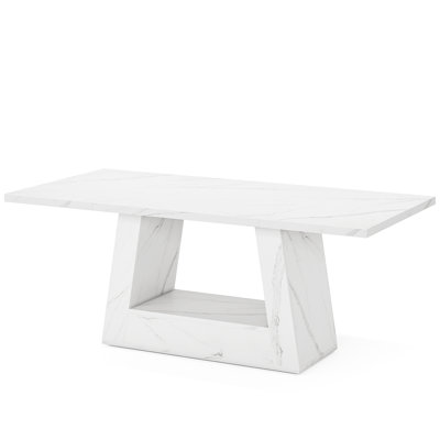 Table de salle à manger rectangulaire de 63 pouces pour 4 à 6 personnes, table de cuisine en faux marbre blanc avec base trapézoïdale robuste, élégante table de salle à manger en placage de bois pour la salle à manger, le bureau ou le salon