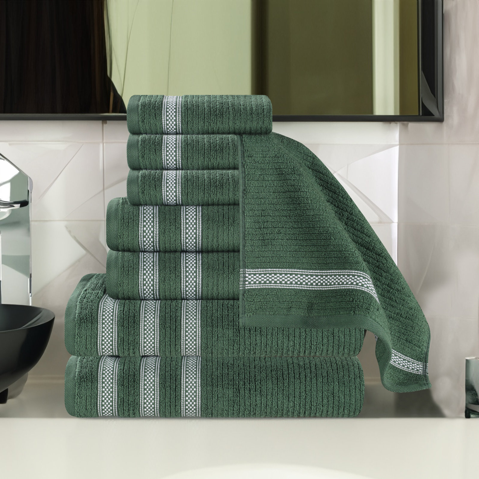 9-Piece Geometric Zero-Twist Cotton Towel Set, Forest Green, 8PCs set: (4 Face, 2 Hand & 2 Bath Towels)