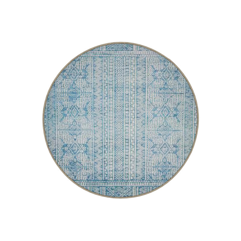 Light Blue And White Ethnic Patterned Woven Base Modern Decorative Carpet, Round 4'