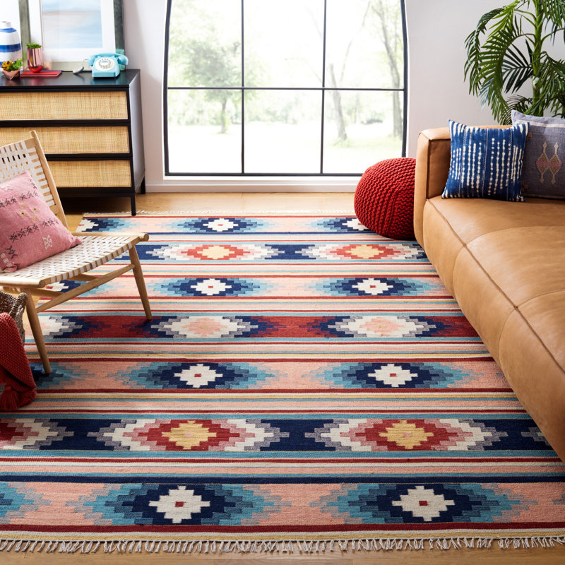 Suresnes Flat Weave Wool/Cotton Southwestern Rug in Light Pink/Blue, Rectangle 9' x 12'