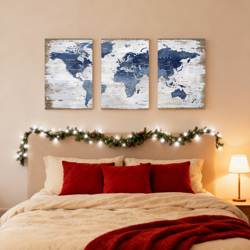 Carte du monde, ensemble de 3 reproductions d'art sur toile tendue sur toile rustique bleue et blanche, H 30 po x l 60 po