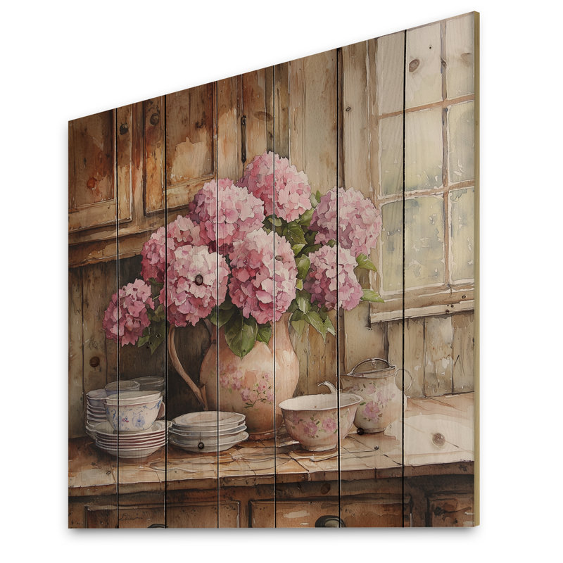 Hortensias dans la ferme II - Art mural en bois d'hortensias - sur bois de pin naturel, H 36 po x l 36 po