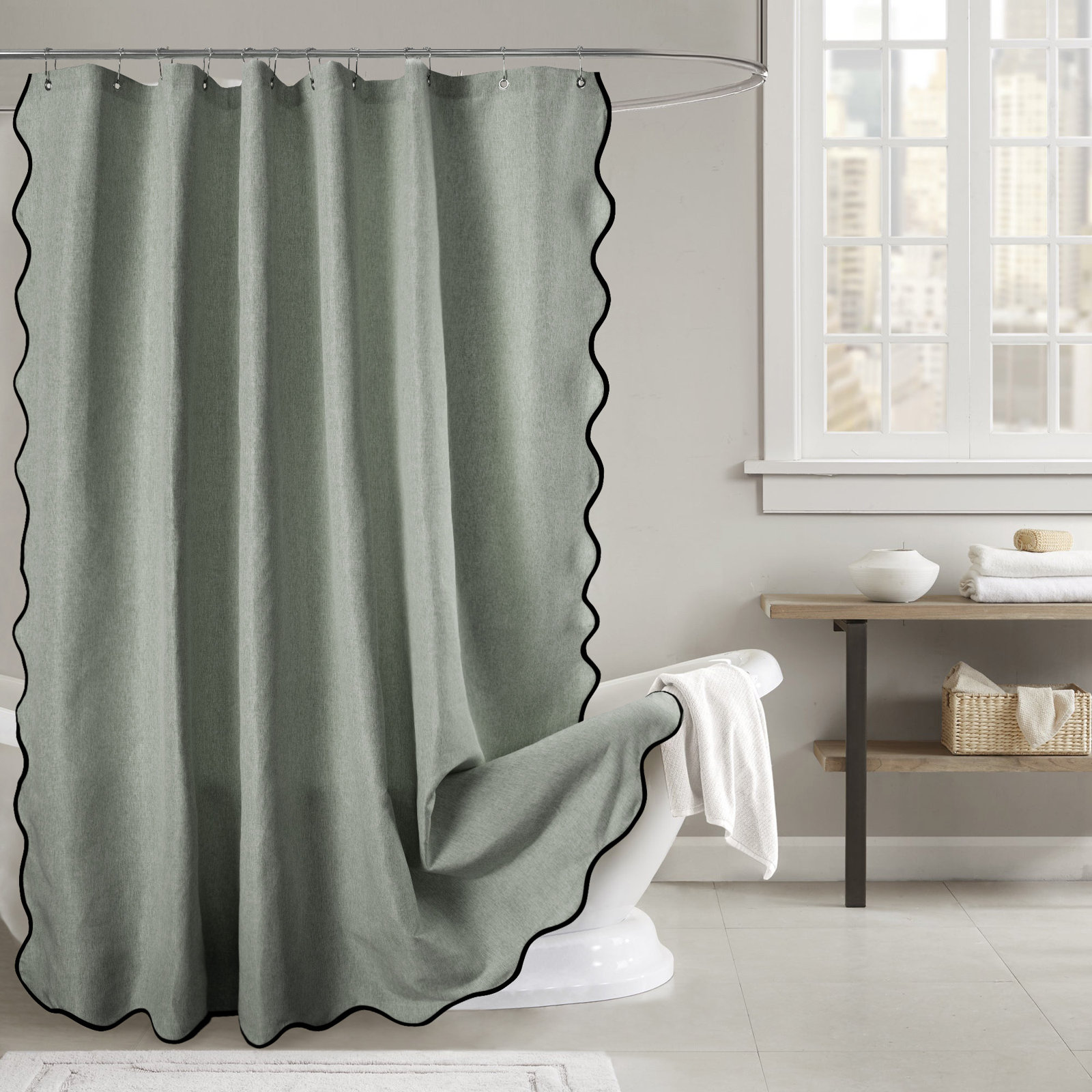 Linen Textured Scalloped Edge Shower Curtain, Gray, 72" H x 72" W