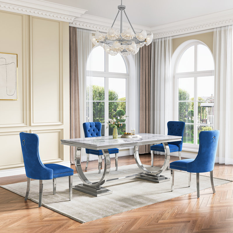Rectangular 70.1"L X 35"W Dining Set, Bleu / Argent, Blanc / argenté, 5 pièces: table, 4 chaises