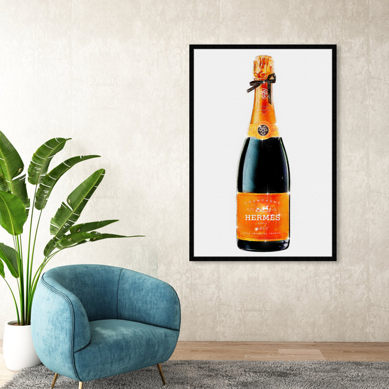«Parisian Luxe Champagne - Glam Paris Bubbles», impression encadrée orange moderne pour la salle à manger, Cadre noir