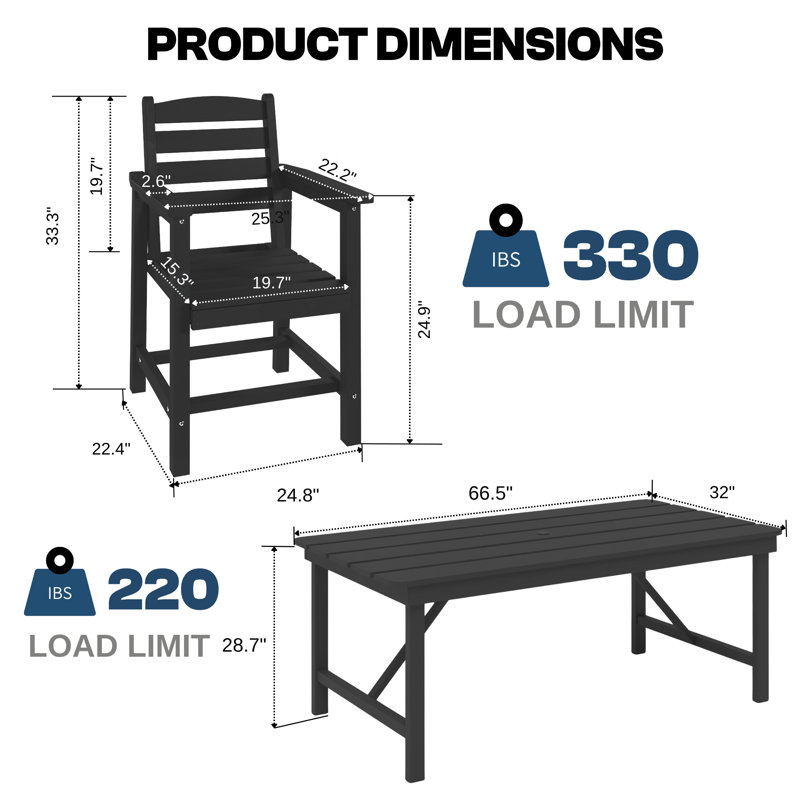 Black All-Weather Outdoor Patio Dining Set (7-Piece), Black