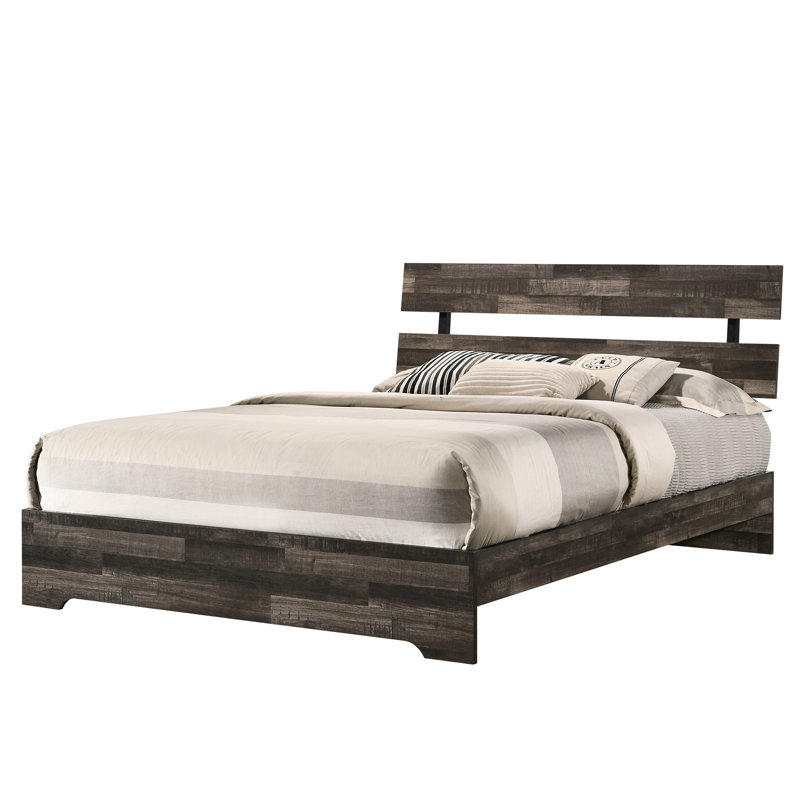 Grand lit rustique, plateforme au style contemporain, finition brune, base de lit à profil bas, bois massif, sommier sans taille, chambre à coucher dans un ensemble