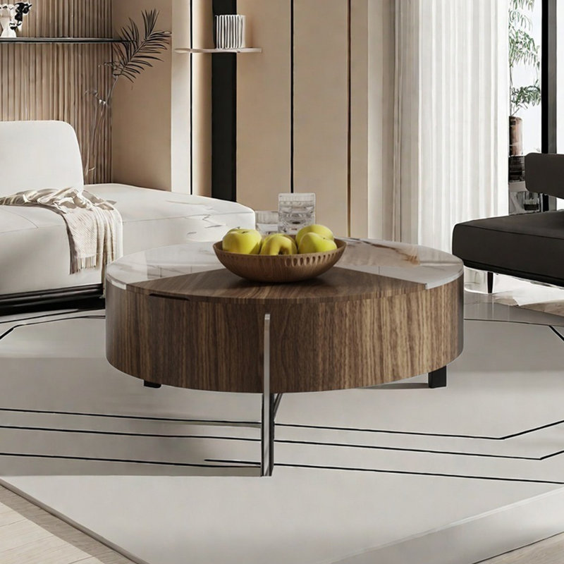 Table basse ronde en pierre micro-cristalline, Blanc / Noyer foncé