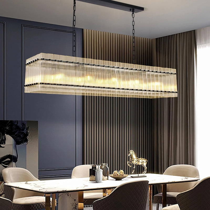 Modern Rectangular Crystal Glass Chandelier, 10-Lights Black Chandelier Lighting Contemporary Pendant Ceiling Light Fixture for Dining Room Living Room Kitchen Island