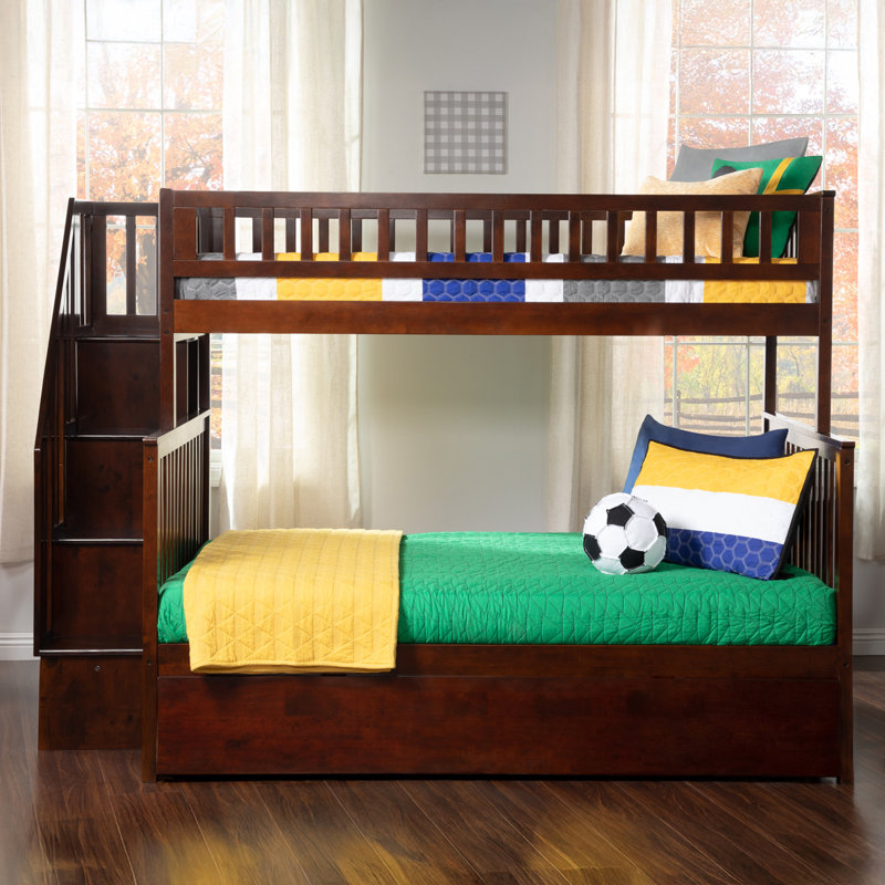 Ilariana Wood Bunk Bed with Staircase and Trundle , Walnut, Twin Over Full