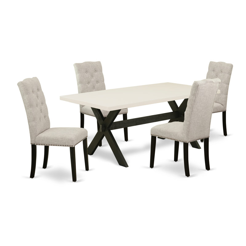 Ensemble de table de salle à manger 5 pièces comprenant une table de salle à manger rectangulaire avec pieds en X et 4 chaises rembourrées en tissu de lin, noir brossé