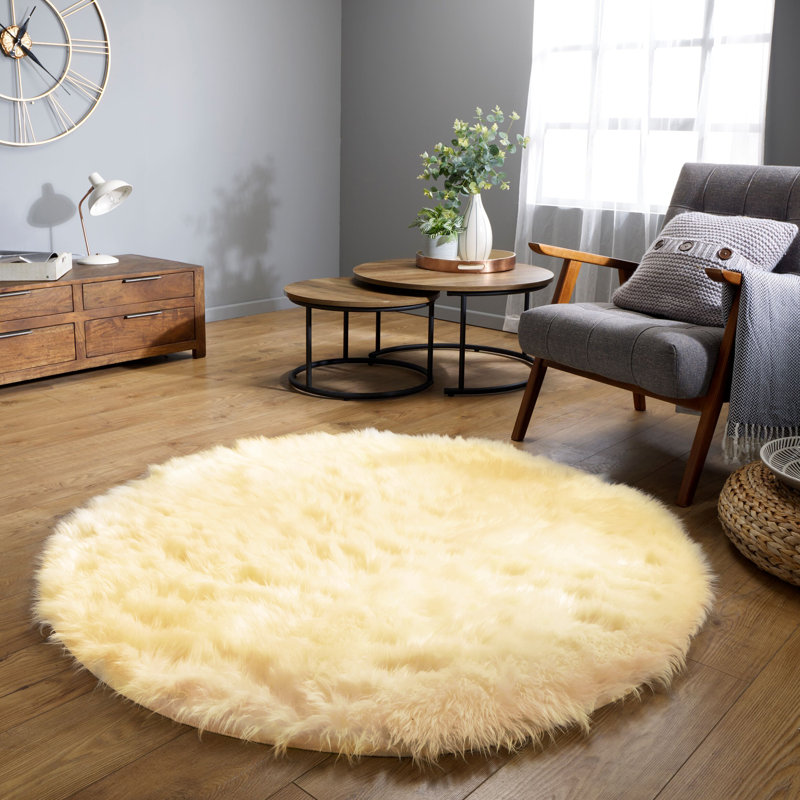 Haja Yellow Fluffy Faux Sheepskin Fur Shag Area Rug, Round 3'