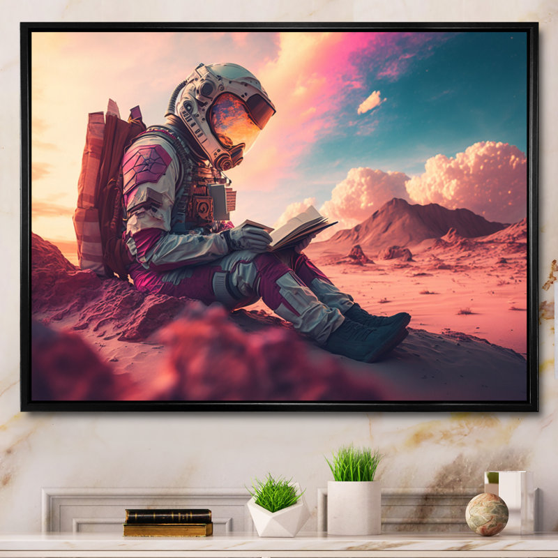 Astronaut's Cosmic Reading II - Space, reproduction d'art sur toile, Cadre noir, H 24 po x l 32 po x P 1 po