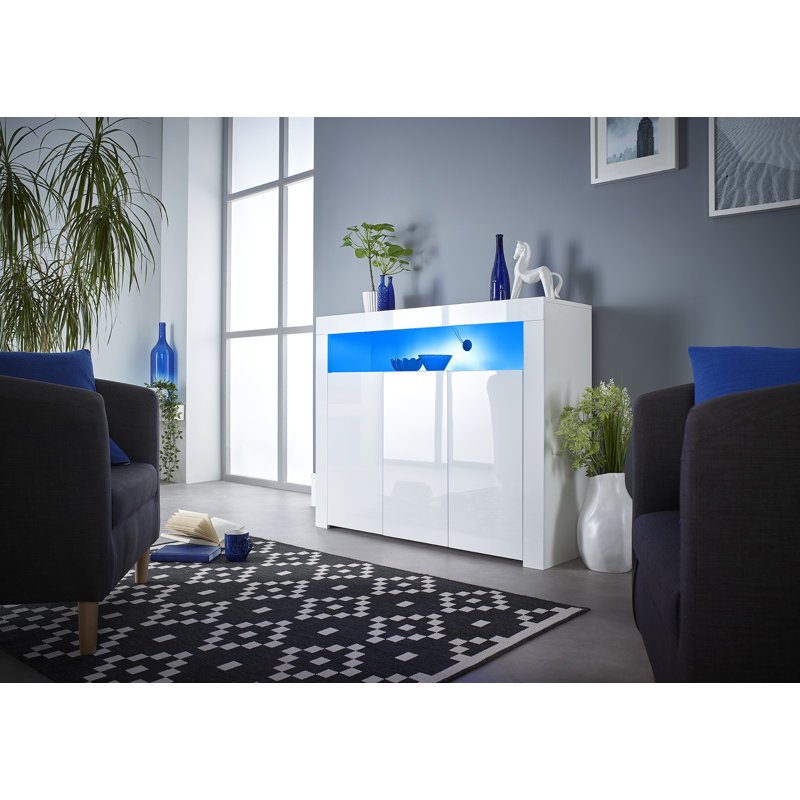Aube White 3 Door Sideboard Buffet with Lights . Glossy 