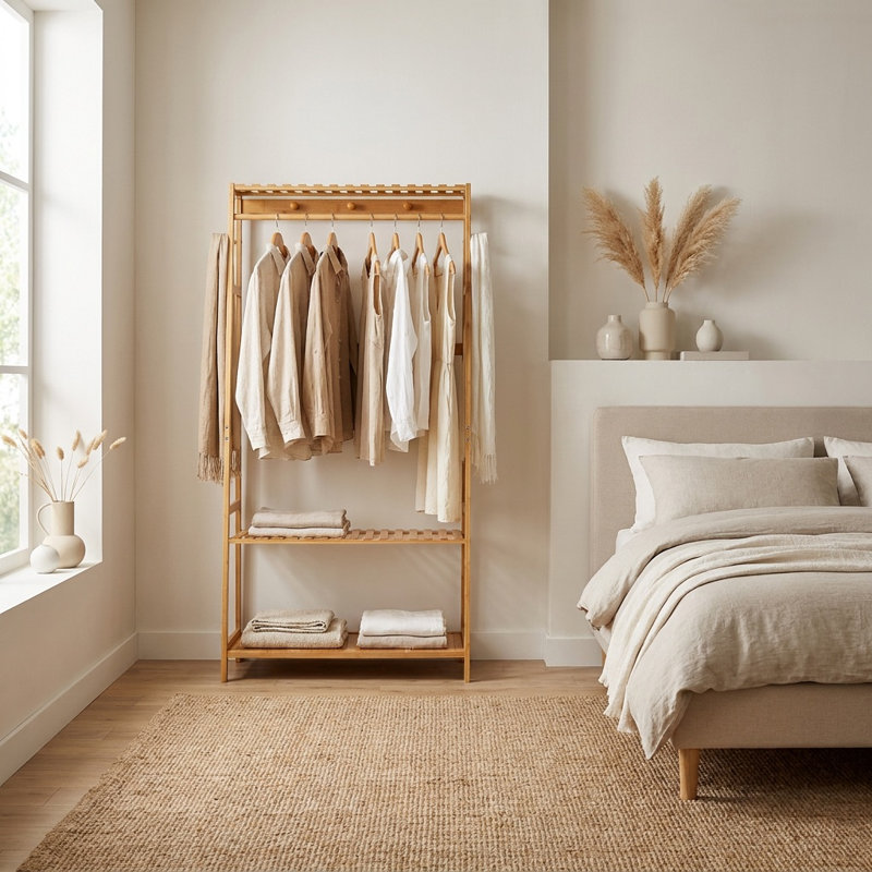 Mattera Natural Bamboo Wooden Clothes Rack, Garment Rail Garment Rack Open Wardrobe, Storage Shelves Bedroom, Natural