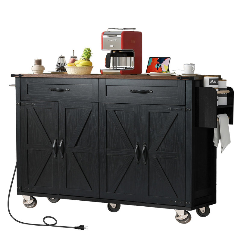 Rolling Kitchen Island With Power Outlet, Drop Leaf, Spice Rack, Drawer, 53.5''W X 28.47''D 36.5''H, Black Style Cart, 36.5''H For Use