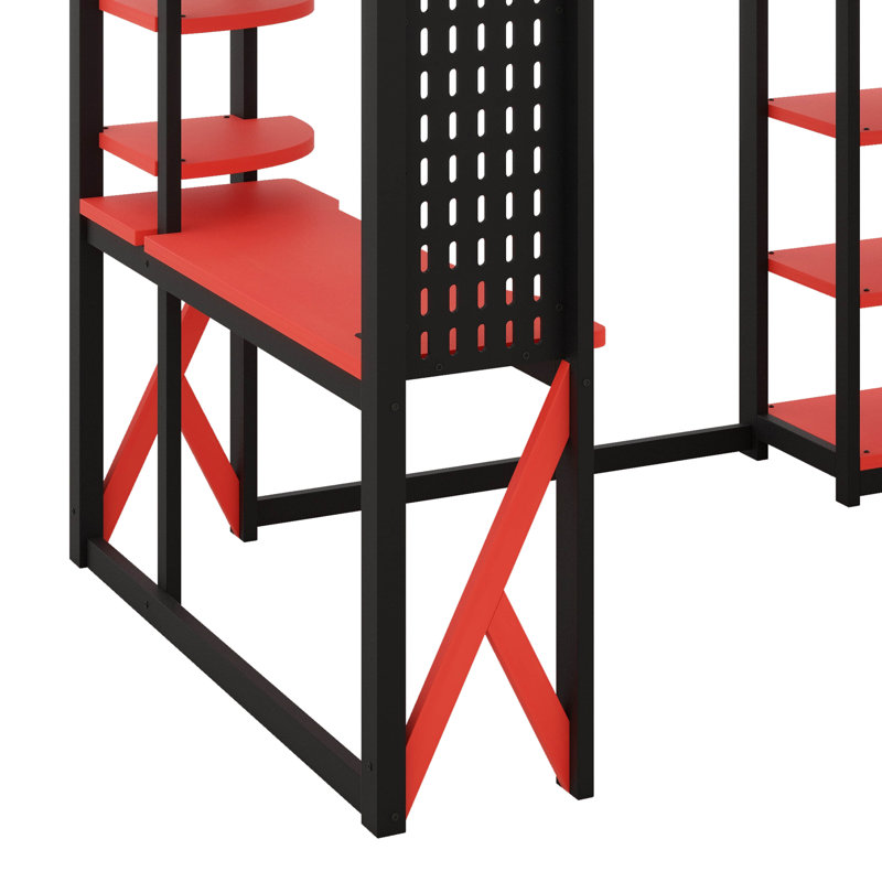 Lit mezzanine double en bois avec bureau, tablettes, prise de courant et ports USB / Type-C, plus éclairage DEL, Noir / Rouge