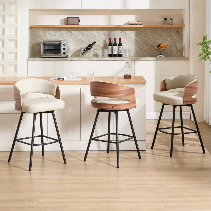 26.77" Swivel Faux Leather Counter Stool with Bentwood Backrest, Beige