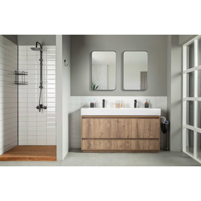 Alina 60" Modern Natural Oak Wood Bathroom Vanity with Porcelain Sink