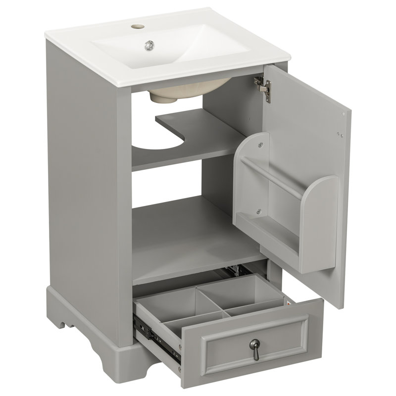 Meuble-lavabo de 20 po avec lavabo en céramique, porte à fermeture en douceur, tablette ajustable en forme de U, tiroir de compartiment et support de porte, style moderne, conception peu encombrante