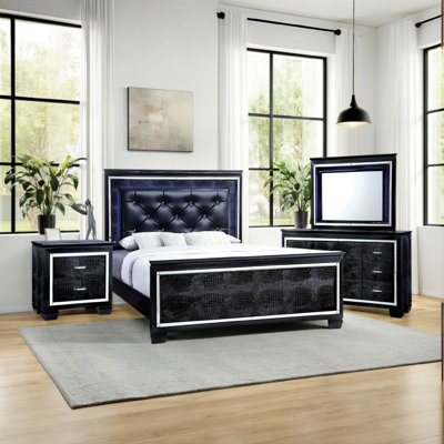 Ensemble de chambre avec très grand lit 4 pièces Kae, bordure DEL et miroir, texturé, noir