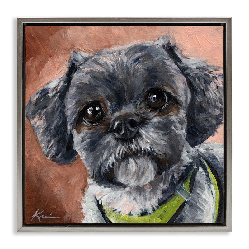 Portrait de chien Shih Tzu, Cadre flottant gris lustré, H 18 po x l 18 po