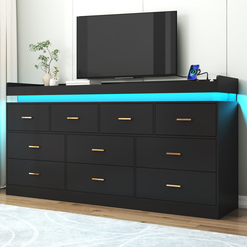 10 Drawer 70" W Dresser With LED Light, Sockets, USB Port, And Type-C Port, Black