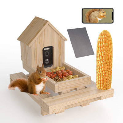 Arlmont & Co. Wooden Squirrel Feeder With Camera, Outdoor Picnic Table Feeders For Squirrels, 1 Corn Cob Holder, Hd Live Video, Real-time View, Instant Notification