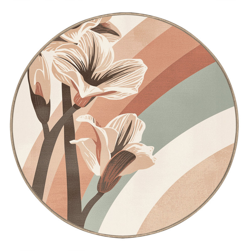 Tapis beige éclectique Ortencia Amaryllis lavable à la machine - Reliure beige, Rond 7 pi