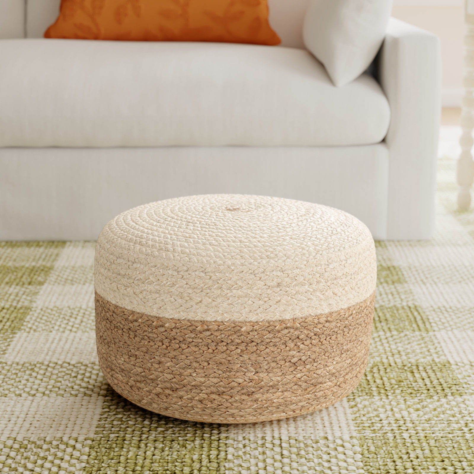 Teele 18" Pouffe, White/Beige