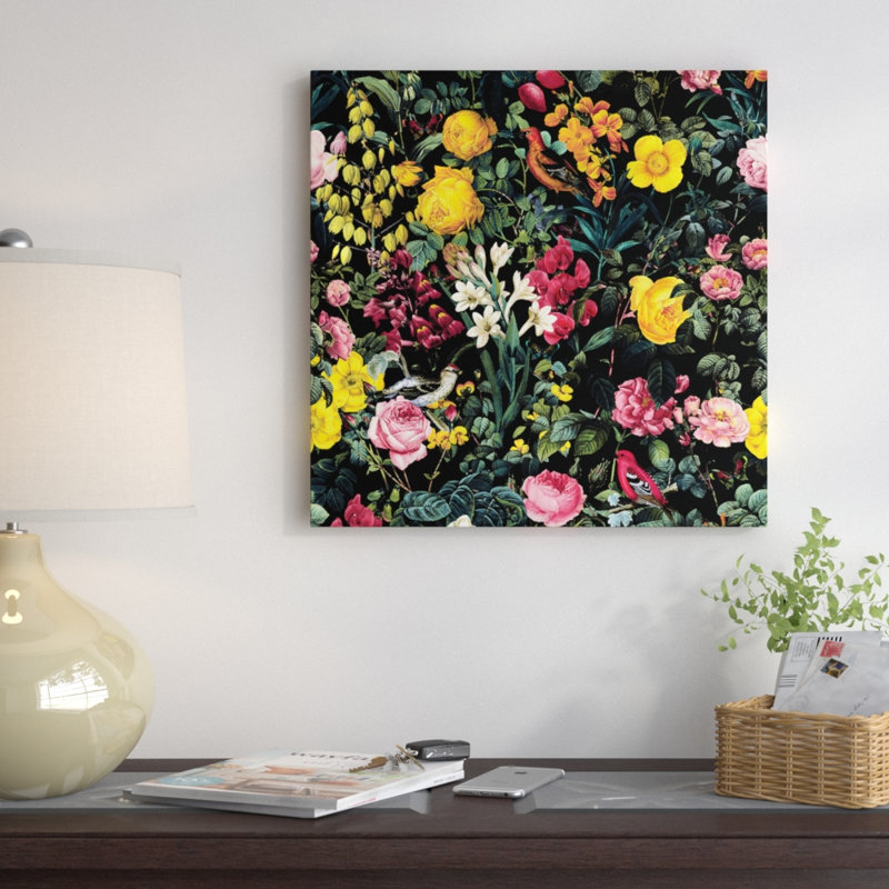 Fleurs et oiseau, impression sur toile tendue, H 18 po x l 18 po x P 1,5 po, Pas de tapis, Toile avec cadre flottant noir