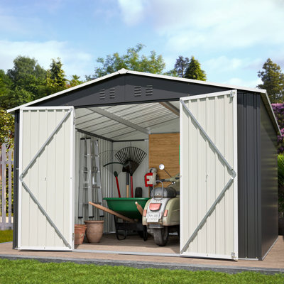 Remise de rangement extérieure 10 x 10 pi, grandes remises à outils en métal avec structure de cadre actualisée et portes verrouillables, remise de jardin pour la cour de jardin