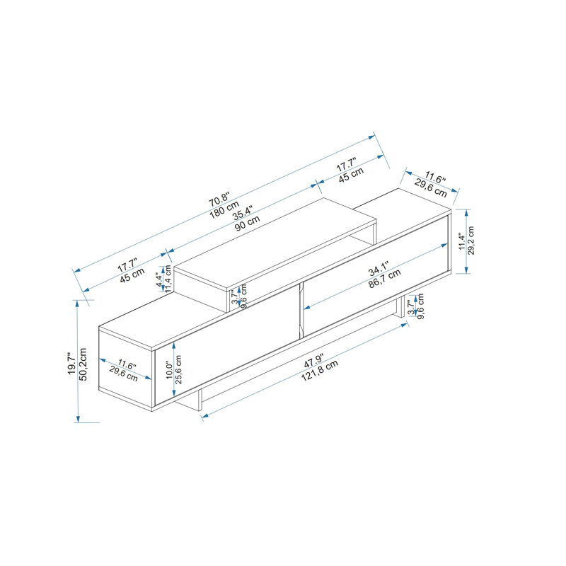 Meuble télé moderne avec capacité de fixation murale 70,9 po x 19,7 po x 11,6 po | 100% panneau de particules enduit de mélamine, épaisseur: 0,7 pouce | Rangement supplémentaire pour le salon et les espaces de divertissement, conception élégante