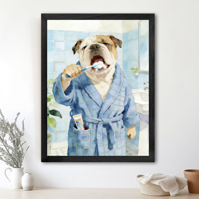 Black Framed Vintage Bulldog washing up in the bathroom Wall Art Creative and fun Style Framed Prints