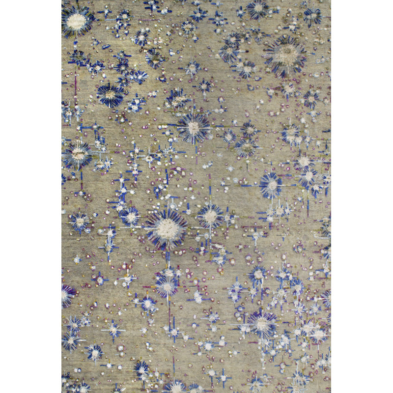 Odyssey Post Modern Organic Abstract Beige Oat Blue Purple White Hand-Knotted Wool/Silk Designer Area Rug / Rug Size: Rectangle