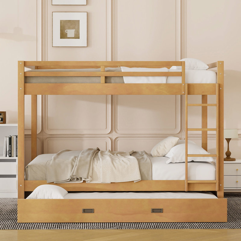 Queen Bunk Bed In Wood Color With And Trundle, Reliable Pine Frame, Space - Saving For Shared Bedrooms, Easy Assembly Tools Of Size Pull Out Material, Maximizes Bedroom Space, Solid Slats