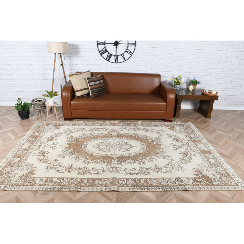 Handwoven Wool Turkish Area Rug in Beige and Brown Floral Design for Elegant Living Room Decor