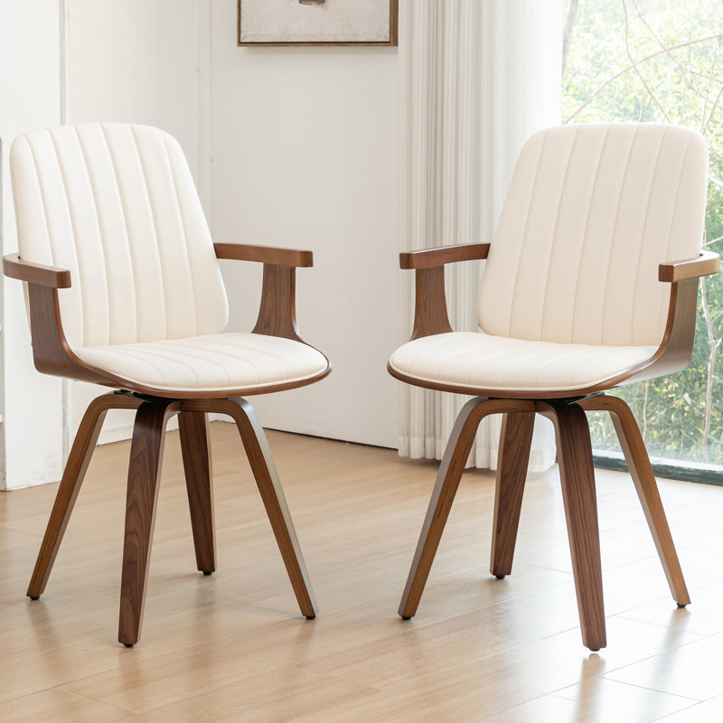 Modern Upholstered Leather Swivel Dining Chairs, Beige