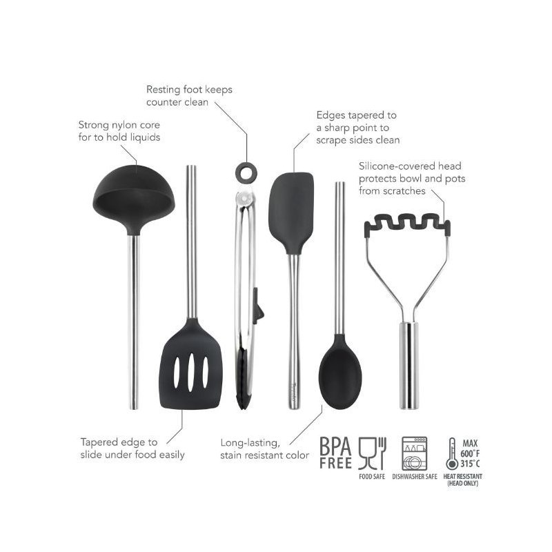 Silicone Utensil Set of 6 - Black, Black