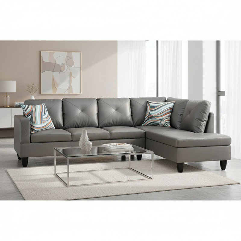 Monaco Vegan Leather 2-Piece Sectional Sofa Set With Chaise, Gray, Right Hand Facing