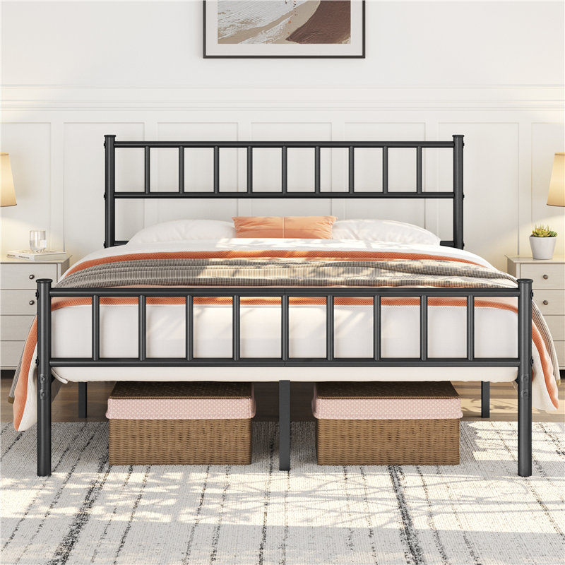 Minimalist Metal Bed Frame with Slatted Headboard, Double (4'6), Black