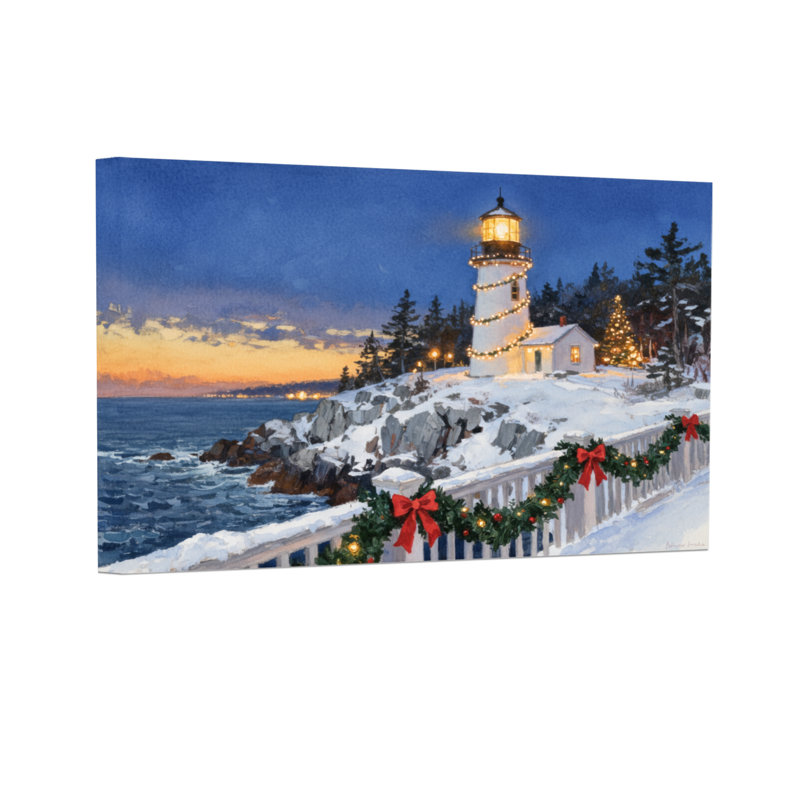 Scène côtière enneigée de Noël avec phare de Noël et lumières, H 16 po x l 24 po