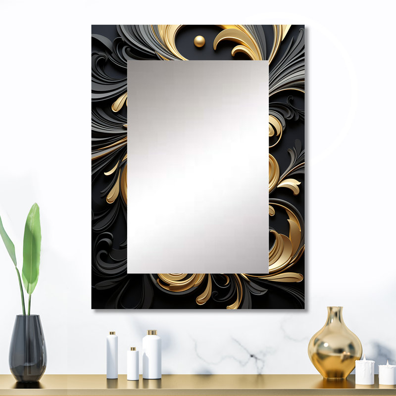 Motif d'ornement doré sur fond noir III - grand miroir à spirales abstraites, décor de miroir mural doré unique, impression d'art en métal