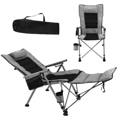 Adjustable Camping Folding Chair -5 Adjustable Angles With Detachable Footrests, Padded Pillow, Cup Holder & Carry Bag, 400 LBS Capacity-Gray