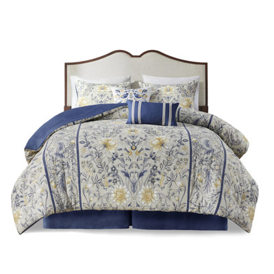 Couette 100 % coton, format King - Motif botanique jaune et bleu, style Sleep Style, imprimé multicolore, 6 pièces, coussin décoratif 30,5 cm x 51 cm