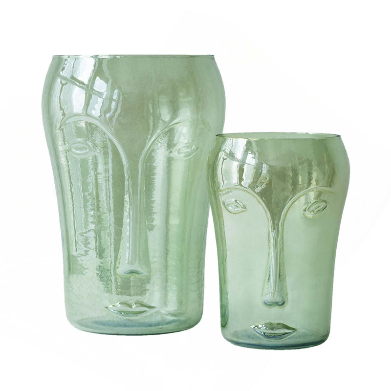 Ensemble de 2 vases décoratifs en verre vert avec motifs de visage